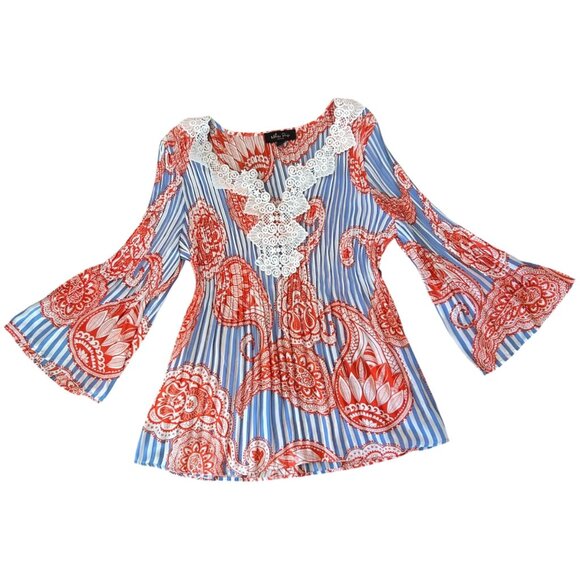 Melissa Paige Petite Boho Accordion Pleated Paisley Striped Top PM - Picture 1 of 6